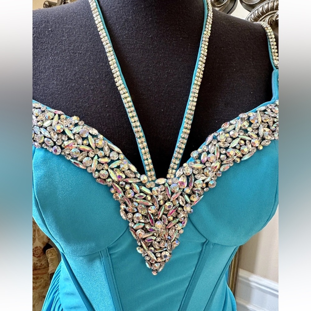 Portia and Scarlett Turquoise Blue Maxi Formal Evening Fitted Gown Size 4 - Picture 4 of 16